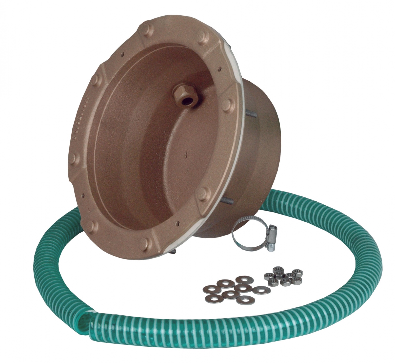 Boitier d’encastrement en laiton ou bronze pour projecteur et haut-parleur subaquatique ø 270 mm, pour bassin préfabriqué.