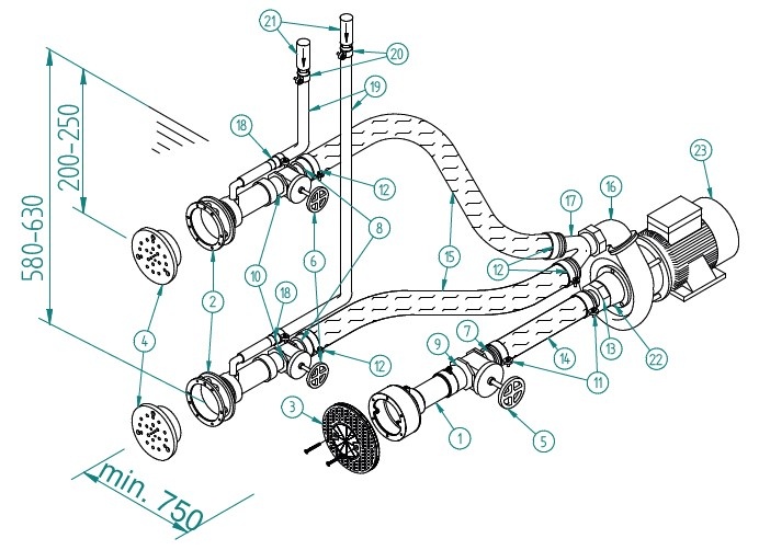 plan Kit de pièces à sceller pour système de massage mural COMBI-WHIRL, à 2 buses. 240 mm,3 pièces : 1 côté aspiration, 2 côté pression