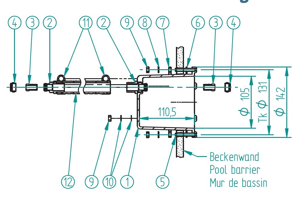 plan Boitier d’encastrement en laiton ou bronze pour projecteur subaquatique ø 155 mm, pour bassin préfabriqué.