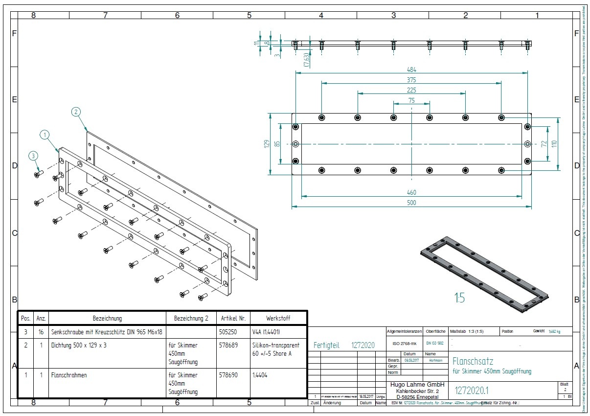 plan Kit de bride et joint liner pour skimmer inox de surface 500 mm ref.1270020