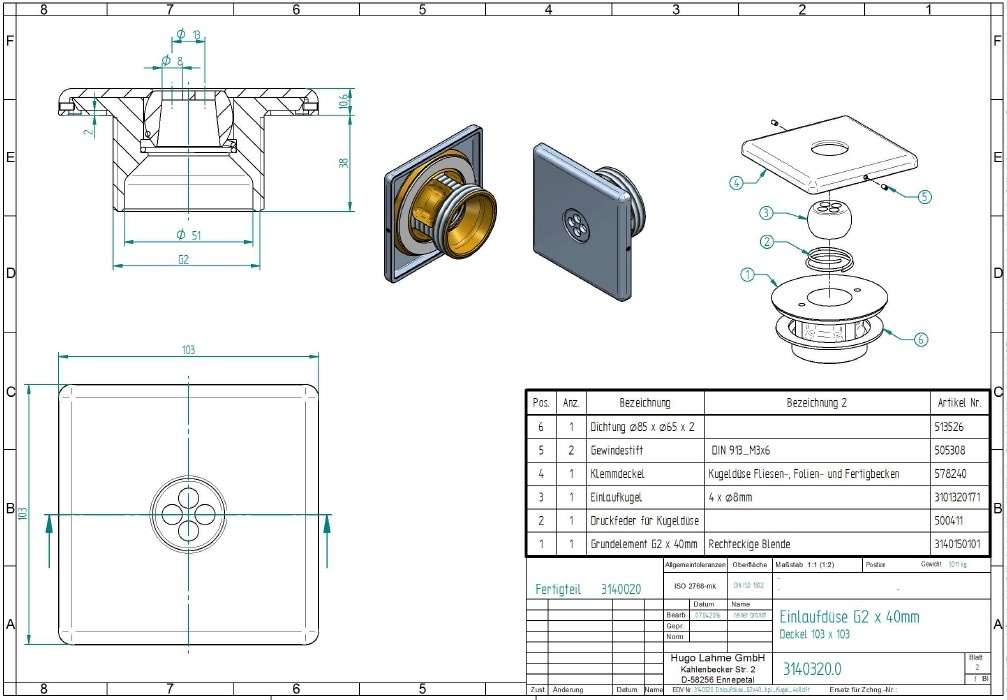 plan Buses de refoulement carrée avec couvercle INOX et rotule orientable 4 trous ø8 mm '4x8) DIN EN conformes pour piscines carrelées et pré-fabriquées