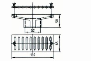 plan Grille d'écoulement Inox 160 mm x 65 mm sur corps laiton-bronze avec sortie G2 interne