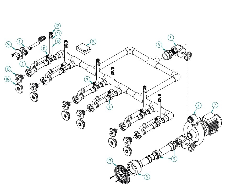 plan Kit de pièces à sceller pour système de massage de type STANDARD, à 6 buses