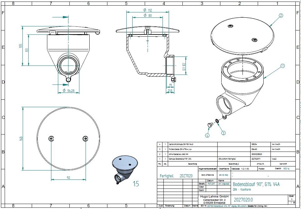 plan Bonde de fond tout inox avec couvercle inox anti vortex Ø 168 mm, sortie  coudée 90° G1 1/2 interne pour bassins inox