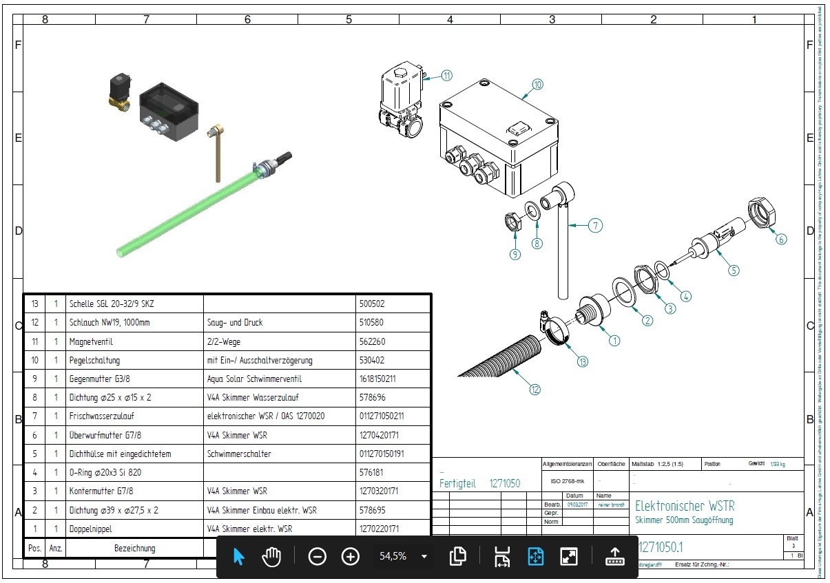 plan Régulateur de niveau d'eau électronique 1271050 pour skimmer inox de surface 500 mm