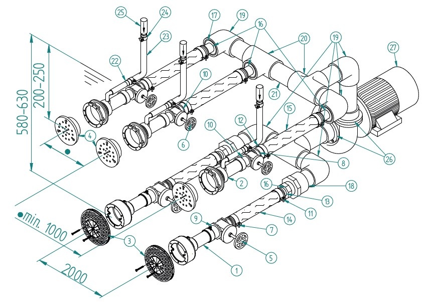 plan Système de massage mural COMBI-WHIRL à 3 buses, kit complet pour piscine carrelée et liner