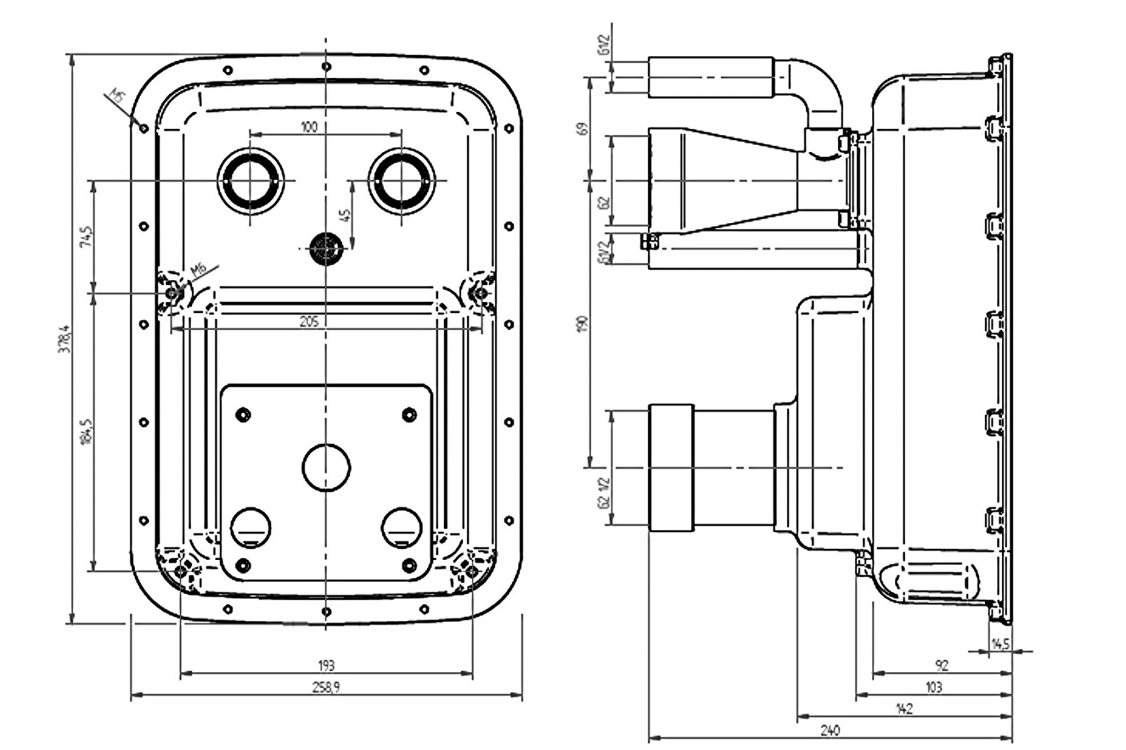 plan Pièces à sceller pour NCC ESSENCE, 378,4 x 258,9 x 240 mm avec pas de vis G2 interne côté pression et G21/2 interne côté aspiration, pour bassin carrelé ou liner 