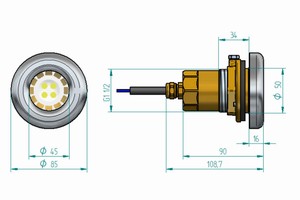 plan Projecteur subaquatique VitaLight® 12V AC LED MR16, corps laiton ou bronze avec contre-écrou G1 1/2, enjoliveur inox ø 85 mm