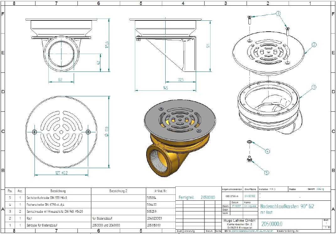 plan Bonde de fond 170mm coudée à 90° avec grille inox, sortie G2 interne, laiton ou bronze, pour piscine carrelée ou liner