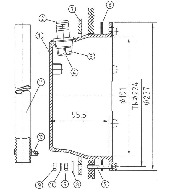 plan Boitier d’encastrement en laiton ou bronze pour projecteur et haut-parleur subaquatique ø 270 mm, pour bassin préfabriqué.