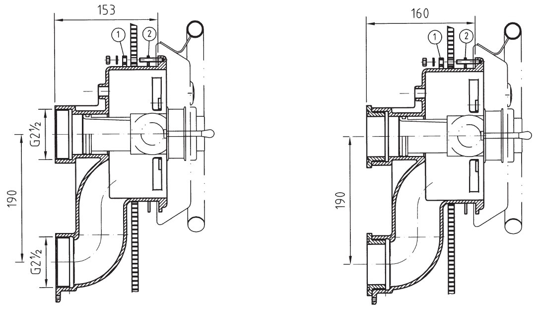 plan Pièces à sceller 165mm pour NCC Taifun, pour piscines préfabriquées, avec boulon de fixation et contre-bride, G2 1/2 int. entrée et sortie