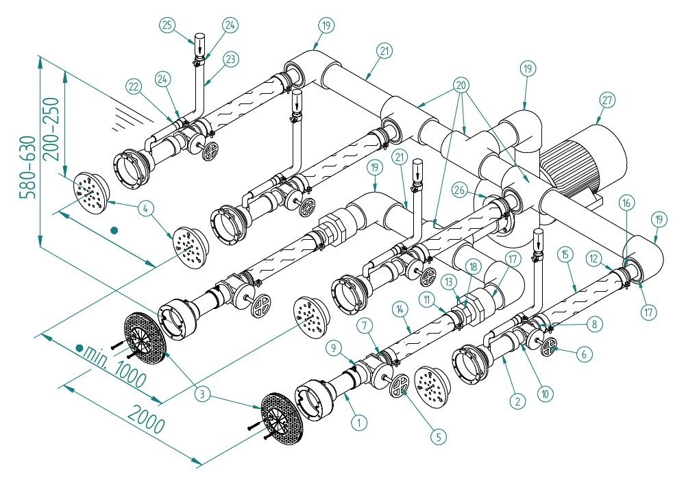 plan Système de massage mural COMBI-WHIRL à 4 buses, 5,5 kW, kit complet pour piscine carrelée et liner