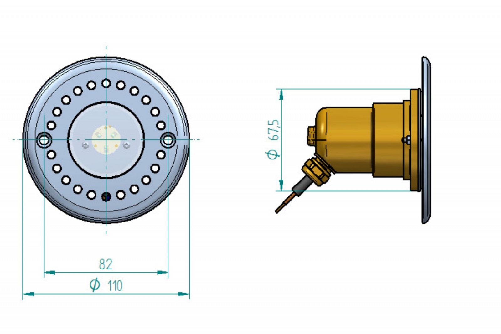 plan Projecteur subaquatique pour fond de bassin et sol VitaLight® 4.4 POWER-LED 3.0 24V enjoliveur inox 316L corps laiton ou bronze - ø 110mm