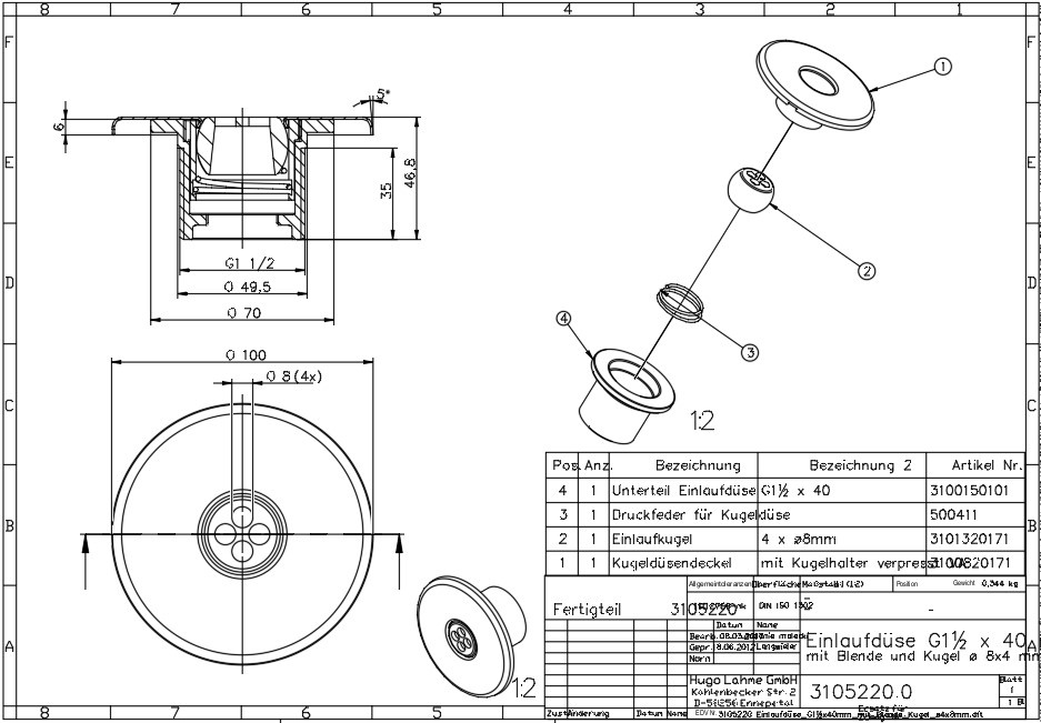 plan Buses de refoulement avec couvercle INOX et rotule orientable à 4 trous ø8 mm (4x8) conformes DIN EN pour piscines carrelées et pré-fabriquées