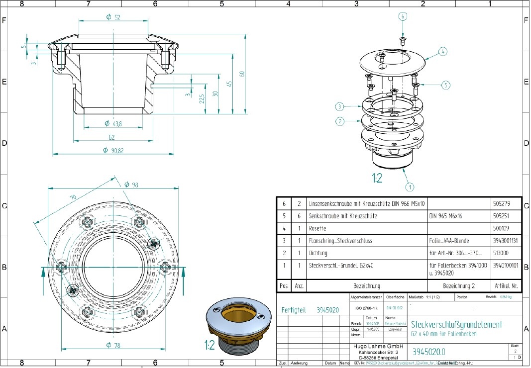 plan Buse d'aspiration, ensemble complet avec face Inox 316L, brides, joints, corps G2 externe, pour piscine liner