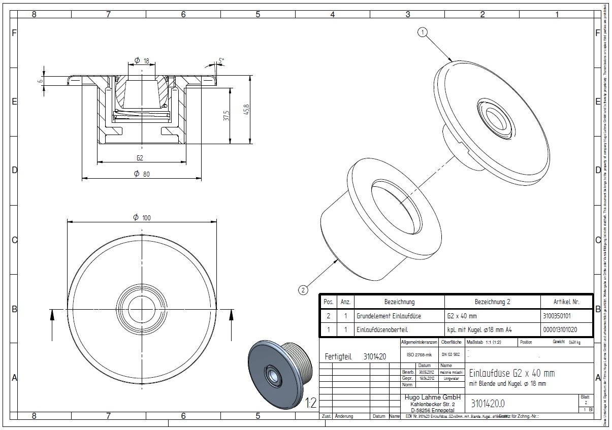 plan Buses de refoulement avec couvercle INOX et rotule orientable ø18 mm pour piscines carrelées et pré-fabriquées