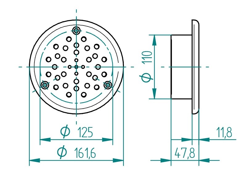 plan Plaque de massage COMBI-WHIRL à 35 trous de 8 mm et jet directionnel, en INOX V4A 316 L