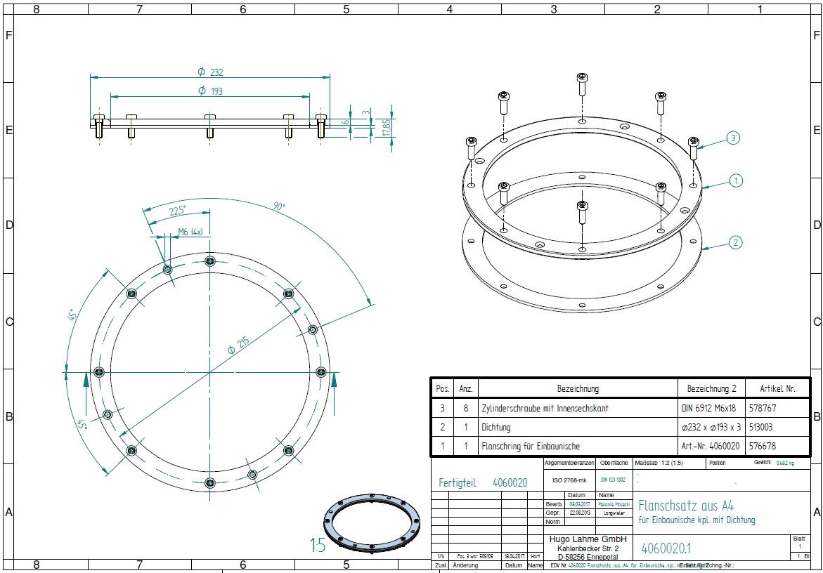 plan Bride Ø 232  mm pour niche INOX 4400020 et 4400120 pour projecteur et haut-parleur subaquatique ø 270 mm, pour bassin membrane ou liner