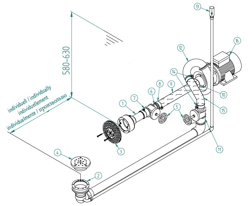 plan Système de massage COMBI-WHIRL par le fond, 1 buse, kit complet pour piscine carrelée et liner