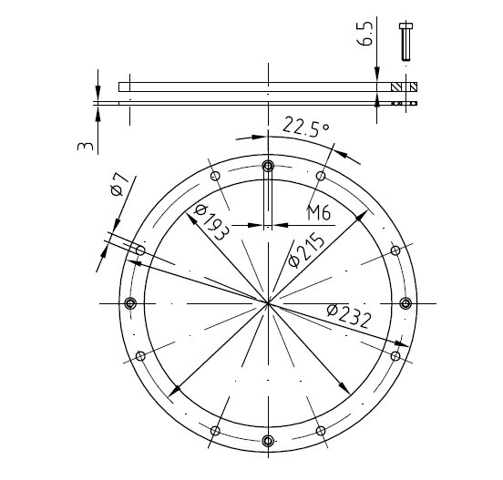 plan Bride ø 232 mm bronze avec joint et vis pour boitiers d’encastrement 230 mm en laiton ou bronze pour projecteur et haut-parleur subaquatique ø 270 mm, pour bassin membrane ou liner