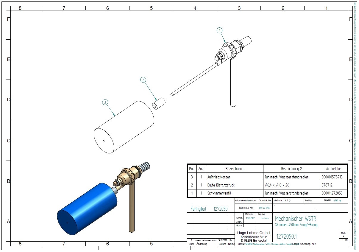 plan Régulateur mécanique de niveau d'eau 1272050 pour skimmer inox de surface 1270020 500 mm