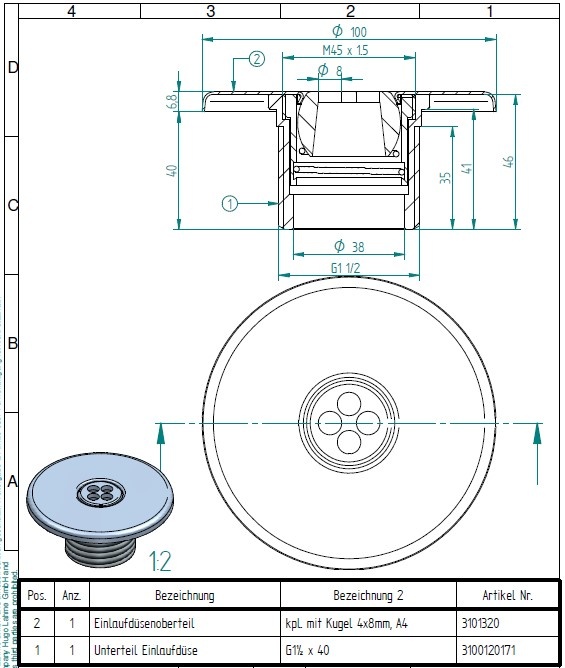 plan Buses de refoulement  100% INOX à rotule orientable à 4 trous ø8 mm (4x8) conformes DIN EN pour piscines inox et carrelées 