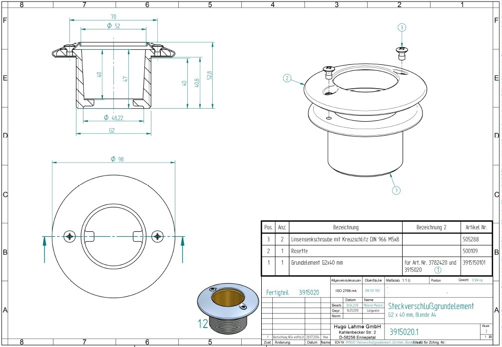 plan Buse d'aspiration complète avec face Inox 316L, corps laiton ou bronze G2 ext. longueur 40 mm, pour piscine carrelée ou préfabriquée