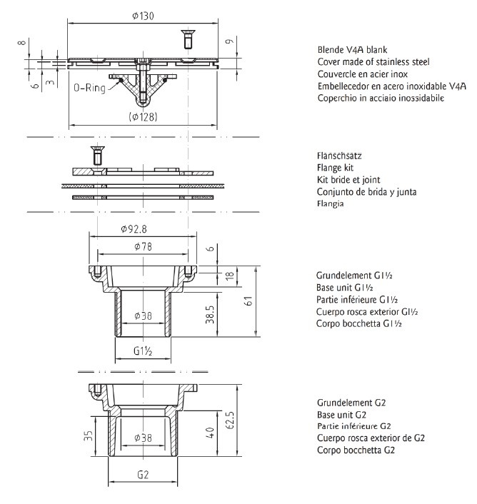 plan Buse de refoulement de fond ø 136 mm en ABS blanc avec vis G1½ externe longueur 38,5 mm, avec débit ajustable et verrouillable pour piscine carrelée et liner