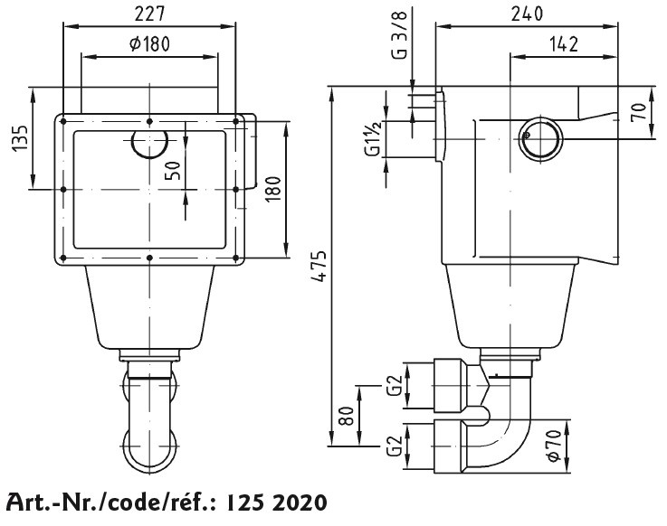 plan Skimmer 1252020 , profondeur d'installation 240 mm, cadre inox, corps laiton ou bronze avec collecteur d’aspiration double