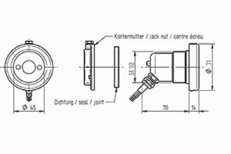 plan Projecteur subaquatique VitaLight® 4.4 POWER-LED 3.0 24V corps laiton ou bronze, enjoliveur inox ø 72 mmn avec contre-écrou G1 ½.