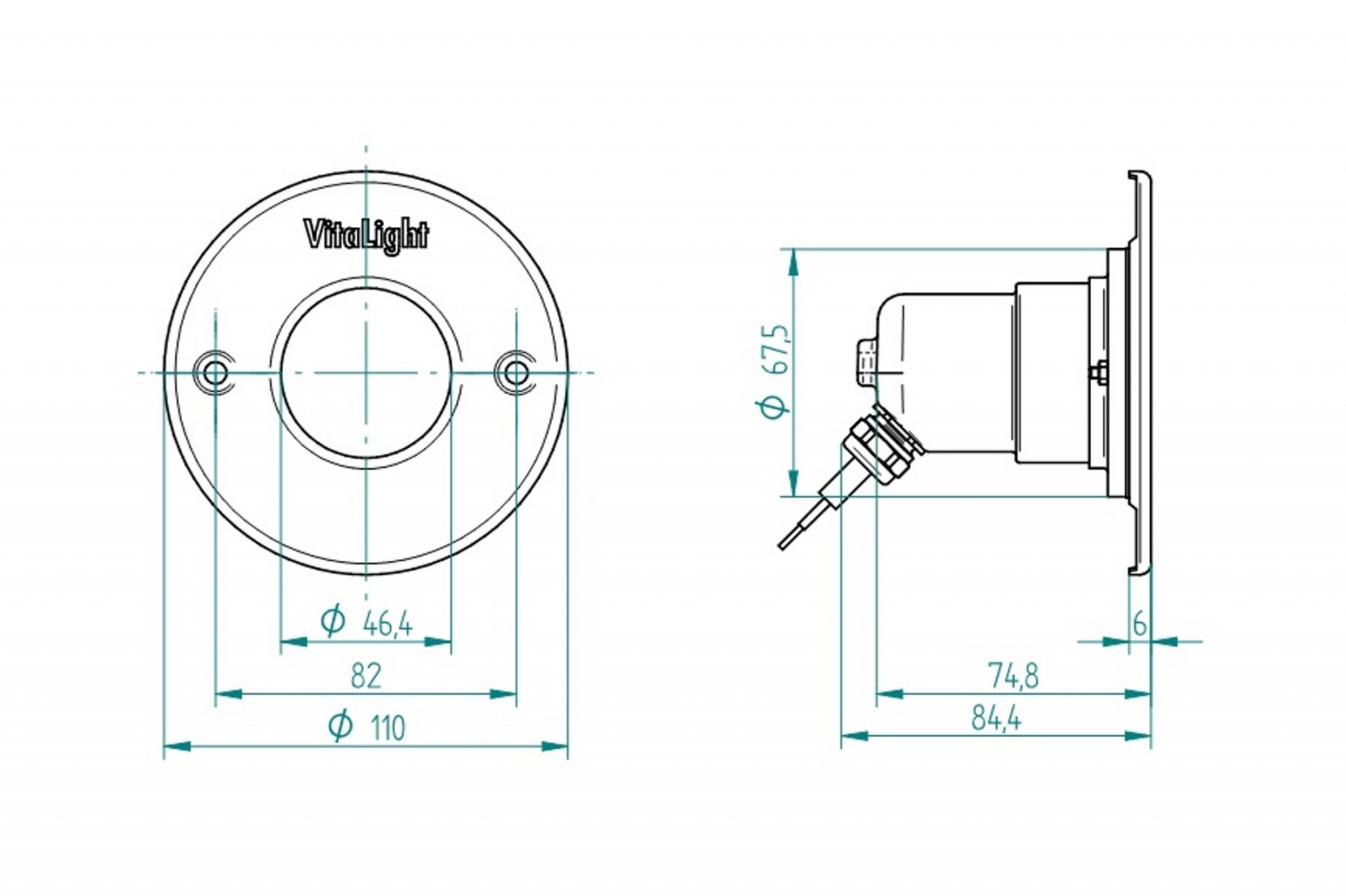 plan Projecteur subaquatique VitaLight® 4.4 POWER-LED 3.0 24V enjoliveur inox 316L corps laiton ou bronze - ø 110mm