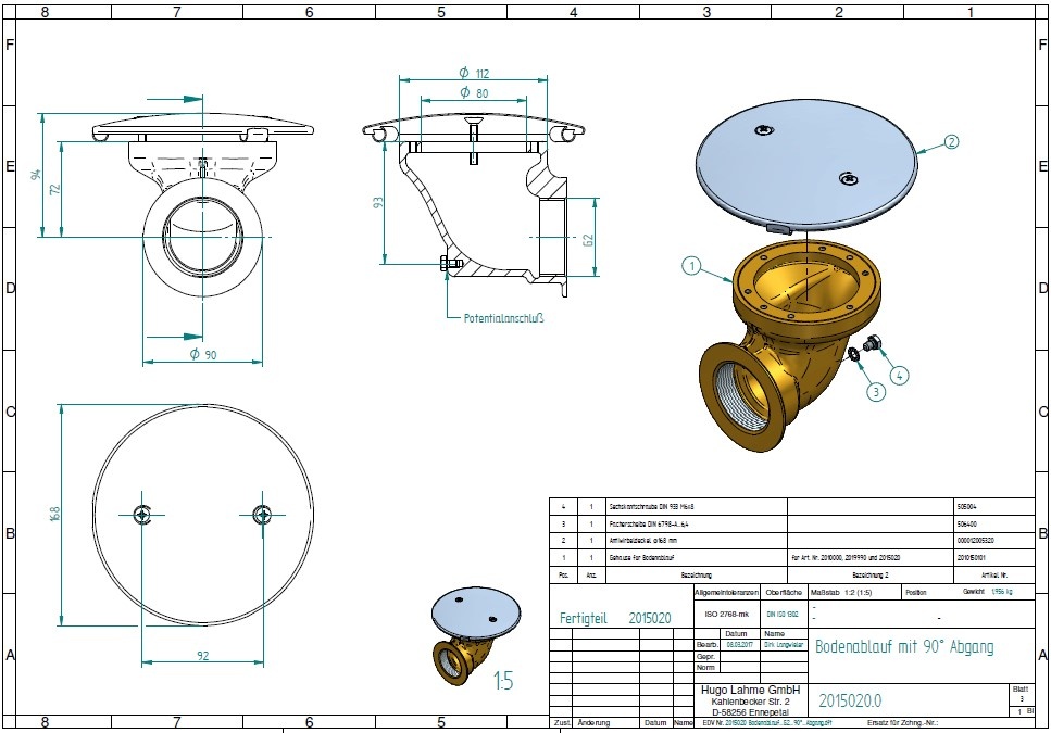 plan Bonde de fond laiton ou bronze coudée à 90° avec couvercle Inox anti vortex Ø 168 mm, sortie G2 interne pour pisine carrelée ou liner