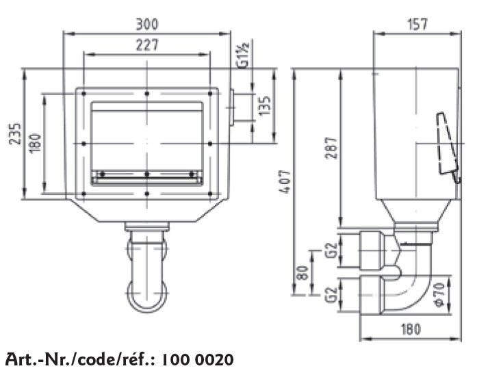 plan Skimmer plat 1000020 , profondeur d'installation 160 mm, cadre inox, corps laiton ou bronze avec collecteur d’aspiration  double