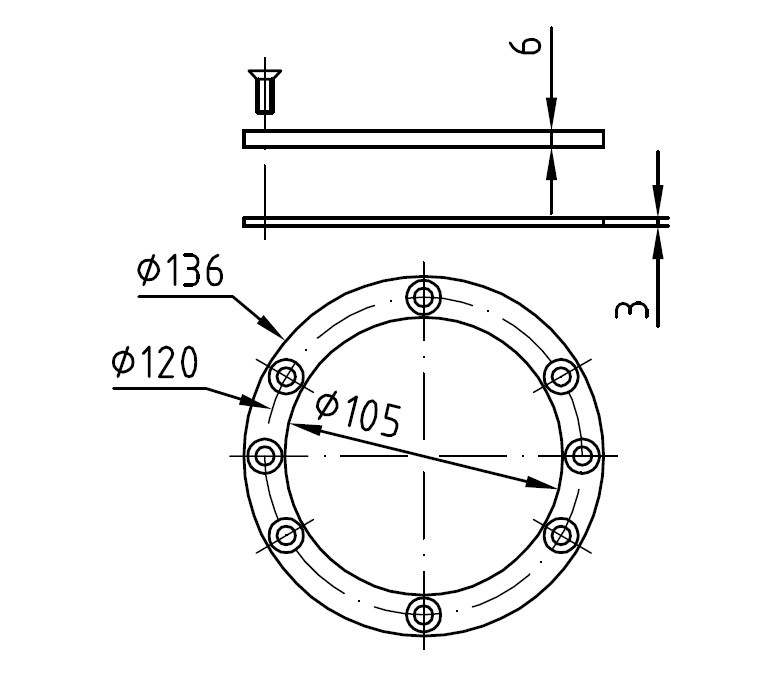 plan Bride ø 136 mm bronze avec joint et vis pour boitiers d’encastrement laiton ou bronze de projecteur subaquatique ø 146 mm pour bassin membrane ou liner.