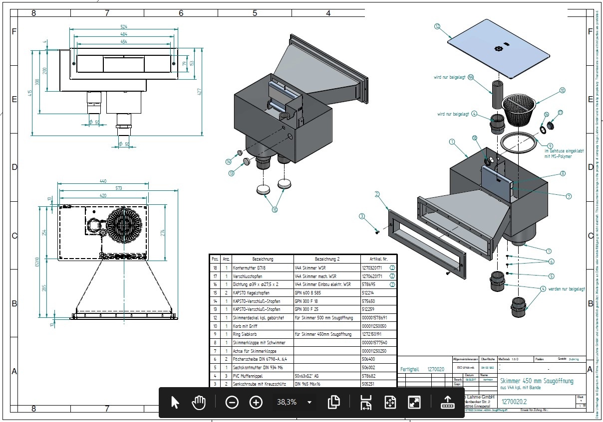 plan Skimmer de surface inox avec ouverture d’aspiration de 450 mm pour piscines carrelées, inox, ou liner