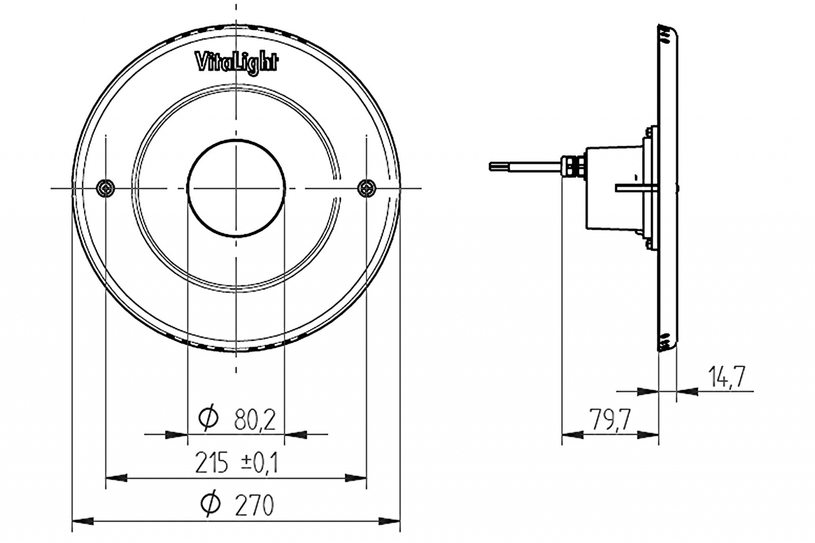 plan Projecteur subaquatique VitaLight® 16.4 POWER-LED 3.0 24V enjoliveur inox 316L corps laiton ou bronze ø 270mm