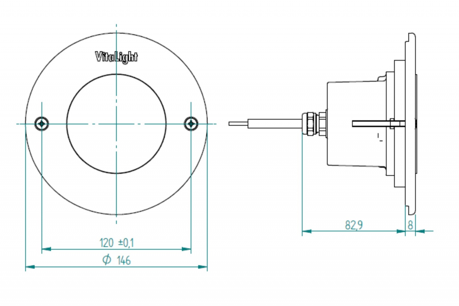plan Projecteur subaquatique VitaLight® 8.4 POWER-LED 3.0 24V enjoliveur inox 316L corps laiton ou bronze ø 146mm