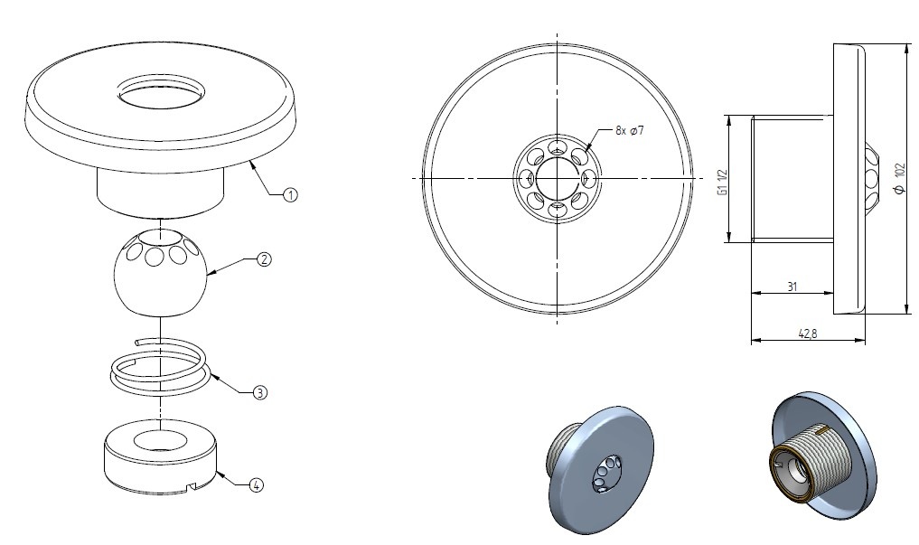 plan Buse de massage à rotule multi-jets (8 trous ø 7 mm), vis G1½  externe