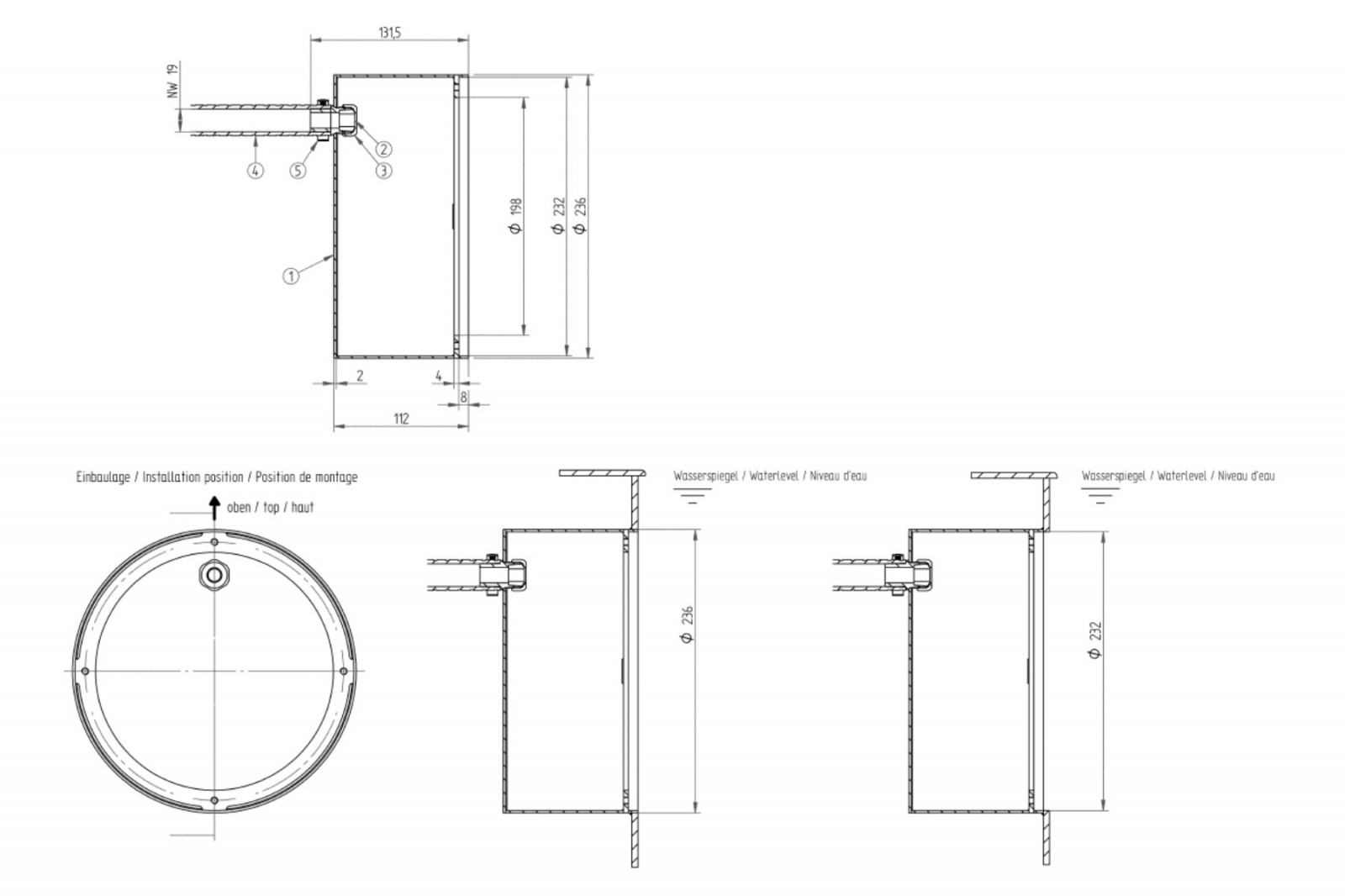 plan Boitier d’encastrement en inox 316L à souder, pour projecteur et haut-parleur subaquatique ø 270 mm, pour bassin inox. 