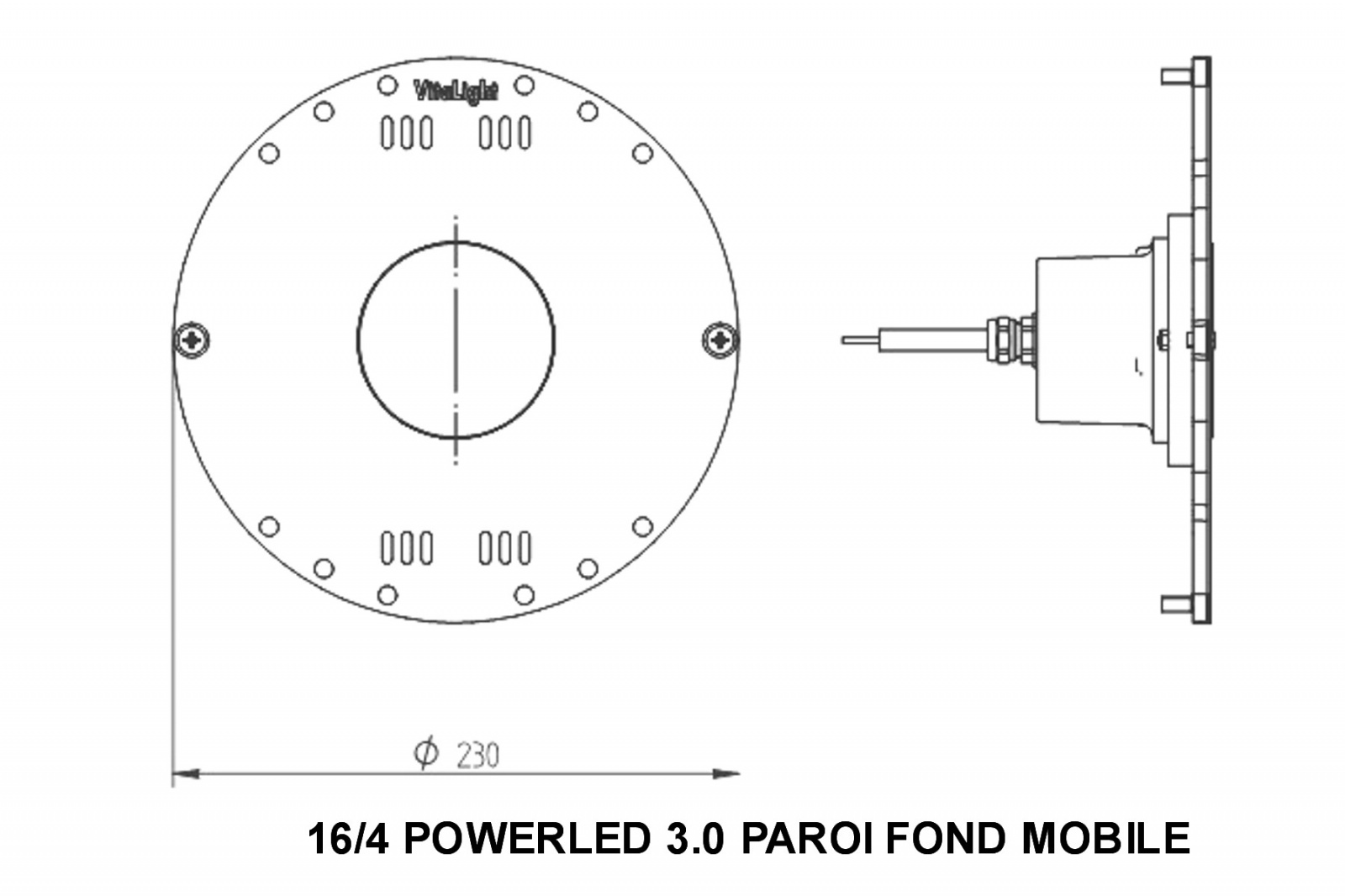 plan Projecteur subaquatique VitaLight® 16.4 POWER-LED 3.0 24V 100% INOX 316L ultra-plat pour montage en paroi avec fond mobile, enjoliveur inox ø 230mm
