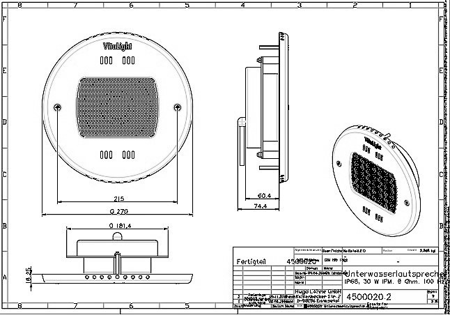 plan Haut parleur subaquatique 30W, IPM, 8 Ohm, 100Hz - 10kHz