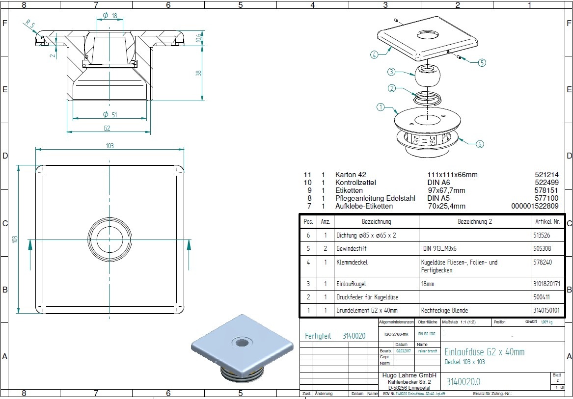 plan Buses de refoulement carrée avec couvercle INOX et rotule orientable ø18 mm pour piscines carrelées et pré-fabriquées