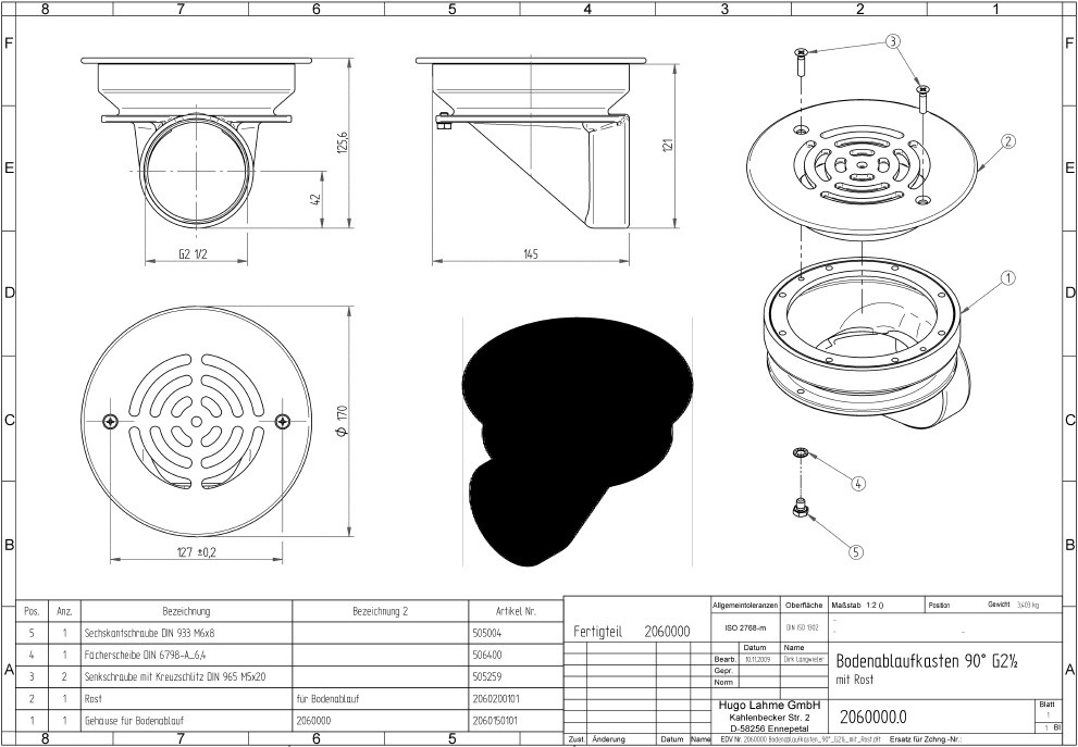 plan Bonde de fond 170mm coudée à 90° avec grille inox, sortie G2½ interne, laiton ou bronze, pour piscine carrelée ou liner