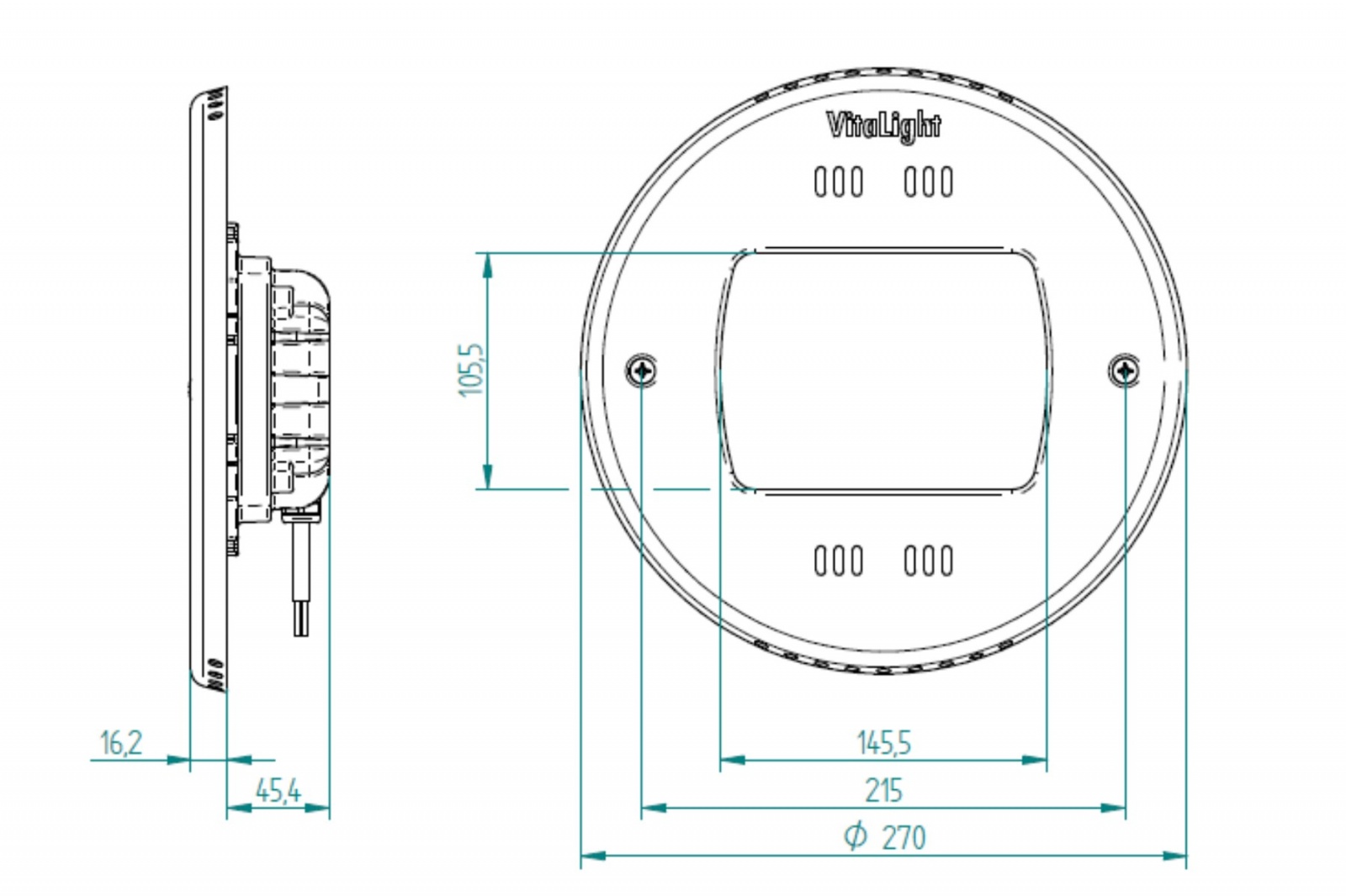 plan Projecteur subaquatique VitaLight® 28.4 POWER-LED 3.0 24V enjoliveur inox 316L corps laiton ou bronze ø 270mm