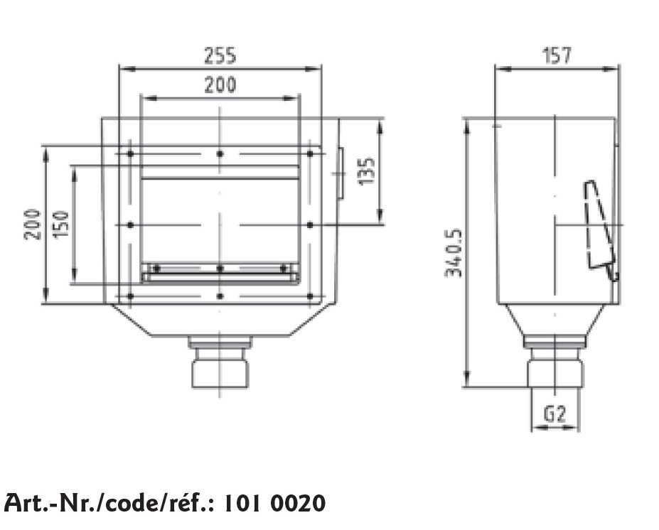 plan Skimmer plat 1010020 , profondeur d'installation 160 mm, cadre inox, corps laiton ou bronze avec collecteur d’aspiration simple