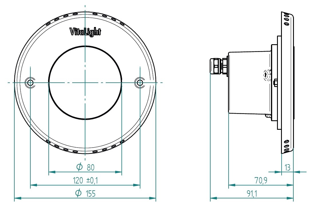 plan Projecteur subaquatique VitaLight® 16.4 POWER-LED 3.0 24V enjoliveur inox 316L corps laiton ou bronze ø 155 mm pour bassin préfabriqué