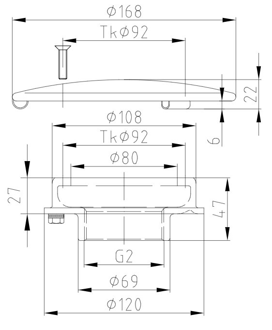 plan Bonde de fond droite en laiton ou bronze avec couvercle inox anti vortex Ø 168 mm, sortie G2 interne pour piscine carrelée ou liner