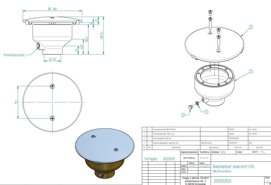 plan Bonde de fond tout inox droite avec couvercle inox anti vortex Ø 168 mm, sortie G1 1/2 interne pour bassins inox