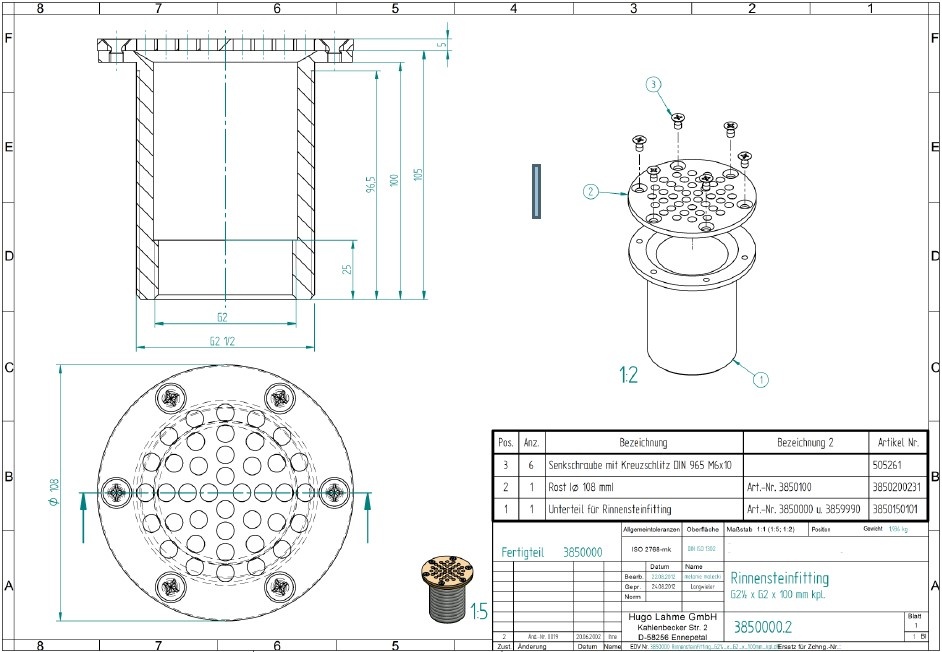 plan Grille d'aspiration Inox ronde Ø 108 mm sur corps laiton sortie longueur 100 mm G2½  externe, G2 interne