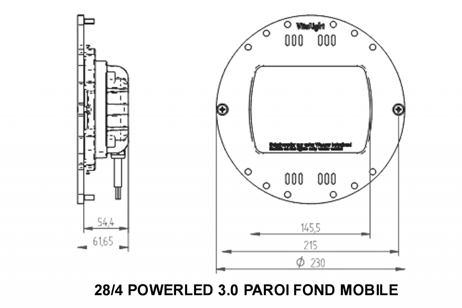 plan Projecteur subaquatique VitaLight® 28.4 POWER-LED 3.0 24V ultra-plat pour montage en paroi avec fond mobile, enjoliveur inox 316L ø 230mm, corps laiton ou bronze 